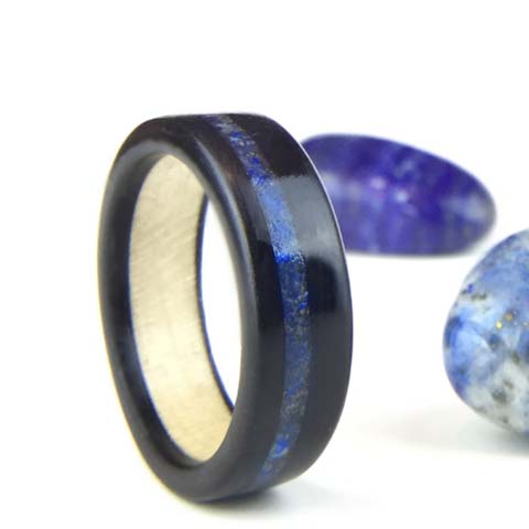 wooden wedding ring made from Ebony, Holly and lapis Lazuli